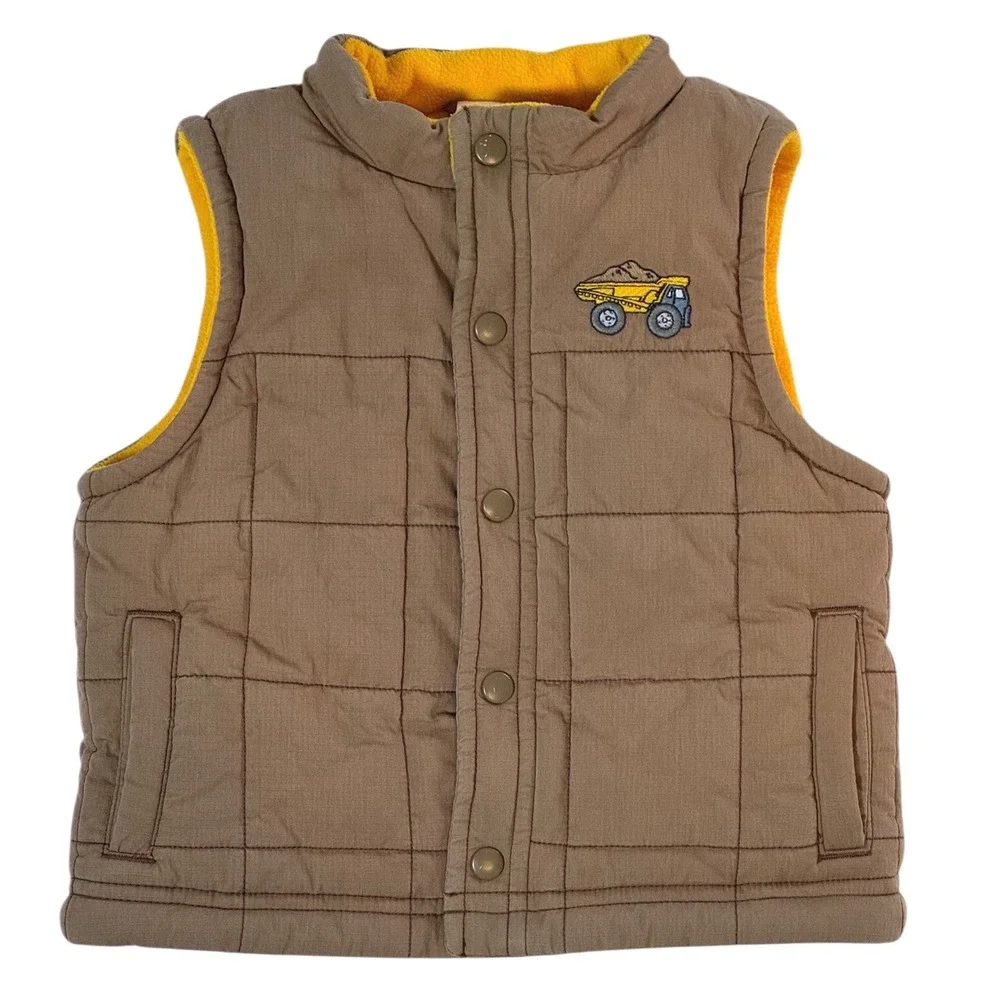 Gymboree Boy 18-24‎ Months Brown Quilted Vest Truck Applique Yellow Fleece Lined